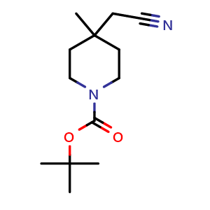 Chemical structure of 4-cyanomethyl-4-methylpiperidine-1-carboxylic acid tert-butyl ester , CAS 872850-30-1, AChemBlock X179021