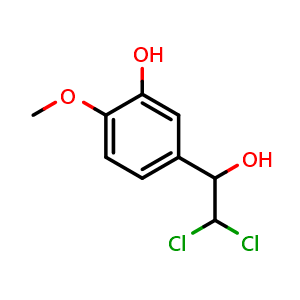 Chemical structure of 5-(2,2-Dichloro-1-hydroxyethyl)-2-methoxyphenol , CAS 2764731-09-9, AChemBlock X179279
