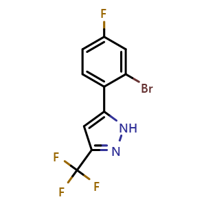 Chemical structure of 5-(2-bromo-4-fluorophenyl)-3-(trifluoromethyl)-1H-pyrazole , CAS 2765663-77-0, AChemBlock X179306