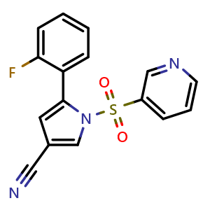 Chemical structure of 5-(2-fluorophenyl)-1-(pyridin-3-ylsulfonyl)-1H-pyrrole-3-carbonitrile  (Vonoprazan Impurity） , CAS 1807642-39-2, AChemBlock X179350