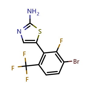 Chemical structure of 5-(3-bromo-2-fluoro-6-(trifluoromethyl)phenyl)thiazol-2-amine , CAS 2757730-05-3, AChemBlock X179380