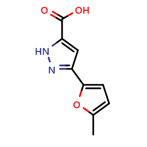 Chemical structure of 5-(5-Methyl-furan-2-yl)-2 H -pyrazole-3-carboxylic acid , CAS 879442-52-1, AChemBlock X179539