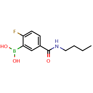 Chemical structure of 5-(Butylcarbamoyl)-2-fluorobenzeneboronic acid , CAS 874289-50-6, AChemBlock X179557