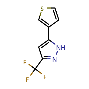 Chemical structure of 5-(thiophen-3-yl)-3-(trifluoromethyl)-1H-pyrazole , CAS 2765629-81-8, AChemBlock X179580