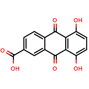 Chemical structure of 5,8-dihydroxy-9,10-dioxo-anthracene-2-carboxylic acid , CAS 19591-45-8, AChemBlock X179590