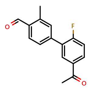 Chemical structure of 5'-Acetyl-2'-fluoro-3-methyl-[1,1'-biphenyl]-4-carbaldehyde , CAS 2624416-98-2, AChemBlock X179593