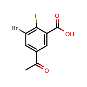 Chemical structure of 5-Acetyl-3-bromo-2-fluorobenzoic acid , CAS 2734774-54-8, AChemBlock X179596