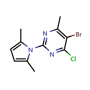 Chemical structure of 5-bromo-4-chloro-2-(2,5-dimethyl-1H-pyrrol-1-yl)-6-methylpyrimidine , CAS 1013099-50-7, AChemBlock X179746