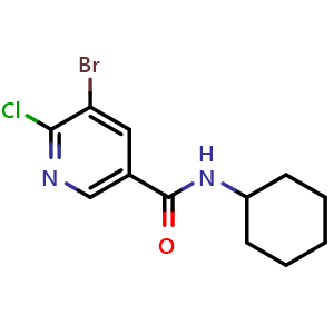Chemical structure of 5-bromo-6-chloro-N-cyclohexylnicotinamide , CAS 2024991-54-4, AChemBlock X179763