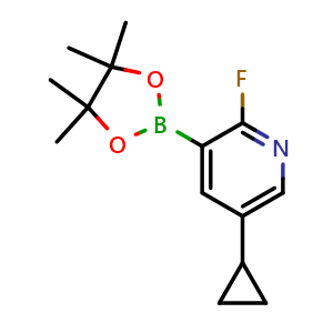 Chemical structure of 5-Cyclopropyl-2-fluoro-3-(4,4,5,5-tetramethyl-1,3,2-dioxaborolan-2-yl)pyridine , CAS 2223051-97-4, AChemBlock X179881
