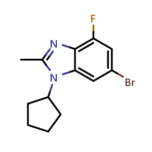 Chemical structure of 6-bromo-1-cyclopentyl-4-fluoro-2-methyl-1H-1,3-benzodiazole , CAS 1231930-36-1, AChemBlock X180021