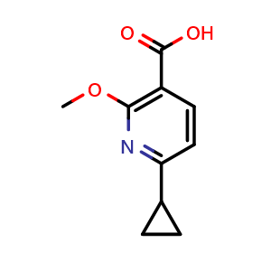 Chemical structure of 6-Cyclopropyl-2-methoxy-3-pyridinecarboxylic acid , CAS 1237943-51-9, AChemBlock X180104