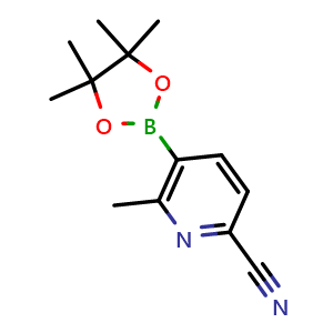 Chemical structure of 6-Methyl-5-(tetramethyl-1,3,2-dioxaborolan-2-yl)pyridine-2-carbonitrile , CAS 2009346-11-4, AChemBlock X180133