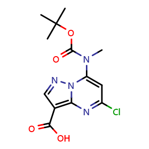 Chemical structure of 7-[tert-butoxycarbonyl(methyl)amino]-5-chloro-pyrazolo[1,5-a]pyrimidine-3-carboxylic acid , CAS 2271470-66-5, AChemBlock X180142