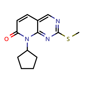 Chemical structure of 8-cyclopentyl-2-(methylthio)pyrido[2,3-d]pyrimidin-7(8H)-one , CAS 211245-66-8, AChemBlock X180162