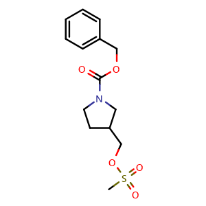 Chemical structure of benzyl 3-{[(methylsulfonyl)oxy]methyl}pyrrolidine-1-carboxylate , CAS 1355455-26-3, AChemBlock X180185