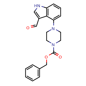 Chemical structure of benzyl 4-(3-formyl-1H-indol-4-yl)-piperazine-1-carboxylate , CAS 1258408-24-0, AChemBlock X180188