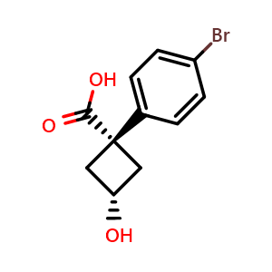 Chemical structure of cis-1-(4-Bromophenyl)-3-hydroxycyclobutanecarboxylic acid , CAS 1199556-64-3, AChemBlock X180217