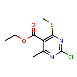 Chemical structure of Ethyl 2-chloro-4-methyl-6-(methylthio)pyrimidine-5-carboxylate , CAS 1425387-12-7, AChemBlock X180348