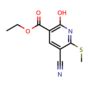 Chemical structure of ethyl 5-cyano-2-hydroxy-6-(methylthio)nicotinate , CAS 233767-87-8, AChemBlock X180671