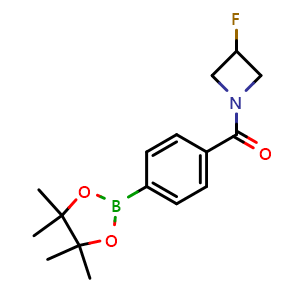 Chemical structure of (3-Fluoroazetidin-1-yl)(4-(4,4,5,5-tetramethyl-1,3,2-dioxaborolan-2-yl)phenyl)methanone , CAS 1598406-42-8, AChemBlock X180751