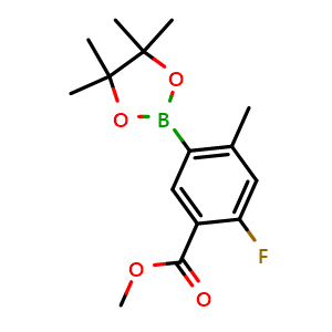Chemical structure of Methyl 2-fluoro-4-methyl-5-(4,4,5,5-tetramethyl-1,3,2-dioxaborolan-2-yl)benzoate , CAS 1629913-80-9, AChemBlock X180886