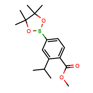 Chemical structure of Methyl 2-isopropyl-4-(4,4,5,5-tetramethyl-1,3,2-dioxa-borolan-2-yl)benzoate , CAS 643094-05-7, AChemBlock X180902