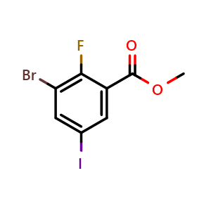 Chemical structure of methyl 3-bromo-2-fluoro-5-iodobenzoate , CAS 2384796-16-9, AChemBlock X180958
