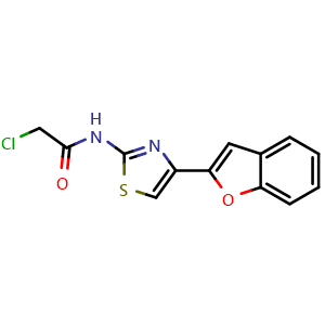 Chemical structure of N-[4-(1-Benzofuran-2-yl)-1,3-thiazol-2-yl]-2-chloroacetamide , CAS 924129-01-1, AChemBlock X181360