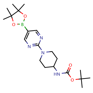 Chemical structure of tert-butyl {1-[5-(4,4,5,5-tetramethyl-1,3,2-dioxaborolan-2-yl)pyrimidin-2-yl]piperidin-4-yl}carbamate , CAS 1202805-37-5, AChemBlock X181486
