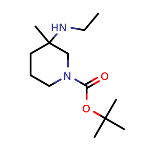 Chemical structure of tert-butyl 3-(ethylamino)-3-methylpiperidine-1-carboxylate , CAS 1420864-25-0, AChemBlock X181501