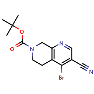 Chemical structure of tert-butyl 4-bromo-3-cyano-5,6-dihydro-1,7-naphthyridine-7(8H)-carboxylate , CAS 1333996-55-6, AChemBlock X181526
