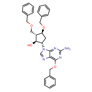 Chemical structure of (1S,2S,3S,5S)-5-(2-Amino-6-(benzyloxy)-9H-purin-9-yl)-3-(benzyloxy)-2-(benzyloxymethyl)cyclopentanol , CAS 142217-77-4, AChemBlock X181588