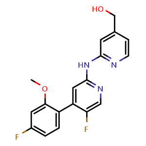 Chemical structure of (2-((5-fluoro-4-(4-fluoro-2-methoxyphenyl)pyridin-2-yl)amino)pyridin-4-yl)methanol , CAS 1602486-05-4, AChemBlock X181589