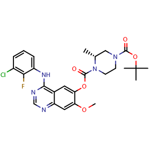Chemical structure of (2R)-1,4-Piperazinedicarboxylic acid, 2-methyl-, 1-[4-[(3-chloro-2-fluorophenyl)amino]-7-methoxy-6-quinazolinyl] 4-(1,1-dimethylethyl) ester , CAS 1626387-95-8, AChemBlock X181590