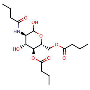 Chemical structure of (2R,3S,4R,5R)-5-butyramido-2-((butyryloxy)methyl)-4,6-dihydroxytetrahydro-2H-pyran-3-yl butyrate , CAS 2351116-35-1, AChemBlock X181591