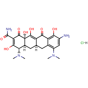 Chemical structure of (4S,4aS,5aR,12aS)-9-Amino-4,7-bis(dimethylamino)-3,10,12,12a-tetrahydroxy-1,11-dioxo-1,4,4a,5,5a,6,11,12a-octahydrotetracene-2-carboxamide hydrochloride , CAS 149934-21-4, AChemBlock X181598