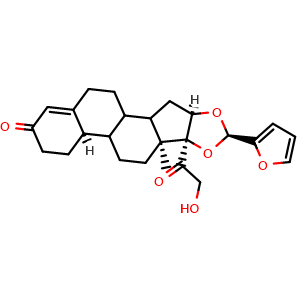 Chemical structure of (6aR,8aS,8bS,10R,11aR)-10-(furan-2-yl)-8b-(2-hydroxyacetyl)-8a-methyl-5,6,6a,6b,7,8,8a,8b,11a,12,12a,12b-dodecahydro-1H-naphtho[2',1':4,5]indeno[1,2-d][1,3]dioxol-4(2H)-one , CAS 160388-35-2, AChemBlock X181599