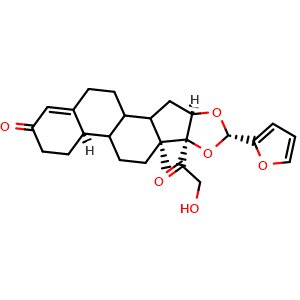 Chemical structure of (6aR,8aS,8bS,10S,11aR)-10-(furan-2-yl)-8b-(2-hydroxyacetyl)-8a-methyl-5,6,6a,6b,7,8,8a,8b,11a,12,12a,12b-dodecahydro-1H-naphtho[2',1':4,5]indeno[1,2-d][1,3]dioxol-4(2H)-one , CAS 160388-36-3, AChemBlock X181600