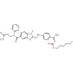 Chemical structure of (E)-Hexyl (amino(4-(((5-((3-amino-3-oxopropyl)(pyridin-2-yl)carbamoyl)-1-methyl-1H-benzo[d]imidazol-2-yl)methyl)amino)phenyl)methylene)carbamate  (Dabigatran Impurity） , CAS 1580491-16-2, AChemBlock X181602
