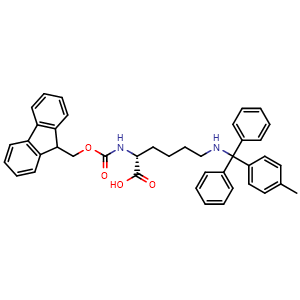 Chemical structure of (R)-2-((((9H-Fluoren-9-yl)methoxy)carbonyl)amino)-6-((diphenyl(p-tolyl)methyl)amino)hexanoic acid , CAS 198544-94-4, AChemBlock X181603