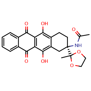 Chemical structure of (R)-N-[1,2,3,4,6,11-hexahydro-5,12-dihydroxy-2-(2-methyl-1,3-dioxolan-2-yl)-6,11-dioxo-2-naphthacenyl]-Acetamide (9CI) , CAS 86264-76-8, AChemBlock X181605