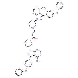 Chemical structure of 1,3-Bis((R)-3-(4-amino-3-(4-phenoxyphenyl)-1H-pyrazolo[3,4-d]pyrimidin-1-yl)piperidin-1-yl)propan-1-one  (Imatinib Impurity） , CAS 1987905-93-0, AChemBlock X181614