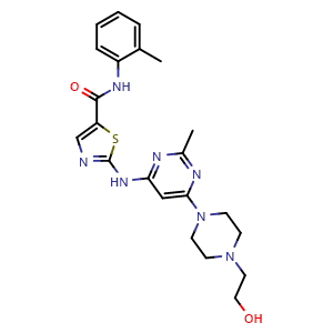 Chemical structure of 2-((6-(4-(2-hydroxyethyl)piperazin-1-yl)-2-methylpyrimidin-4-yl)amino)-N-(o-tolyl)thiazole-5-carboxamide  (Dasatinib Impurity） , CAS 1184919-23-0, AChemBlock X181622