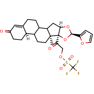 Chemical structure of 2-((6aR,8aS,8bS,10R,11aR)-10-(furan-2-yl)-8a-methyl-4-oxo-2,4,5,6,6a,6b,7,8,8a,8b,11a,12,12a,12b-tetradecahydro-1H-naphtho[2',1':4,5]indeno[1,2-d][1,3]dioxol-8b-yl)-2-oxoethyl trifluoromethanesulfonate , CAS 160388-39-6, AChemBlock X181623