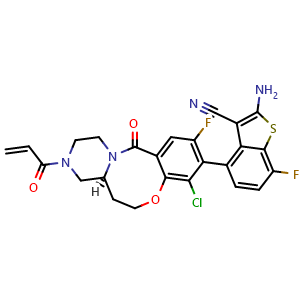 Chemical structure of 4-((S)-3-acryloyl-8-chloro-10-fluoro-12-oxo-2,3,4,4a,5,6-hexahydro-1H,12H-benzo[b]pyrazino[1,2-e][1,5]oxazocin-9-yl)-2-amino-7-fluorobenzo[b]thiophene-3-carbonitrile , CAS 2649788-46-3, AChemBlock X181630