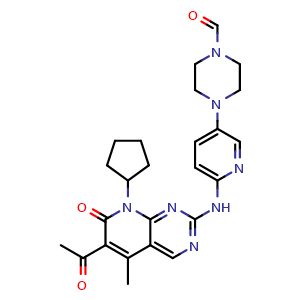 Chemical structure of 4-(6-((6-acetyl-8-cyclopentyl-5-methyl-7-oxo-7,8-dihydropyrido[2,3-d]pyrimidin-2-yl)amino)pyridin-3-yl)piperazine-1-carbaldehyde  (Palbociclib Impurity） , CAS 2174002-16-3, AChemBlock X181632