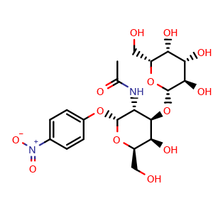 Chemical structure of 4-Nitrophenyl 2-acetamido-2-deoxy-3-O-(beta-D-galactopyranosyl)-alpha-D-galactopyranoside , CAS 59837-14-8, AChemBlock X181634