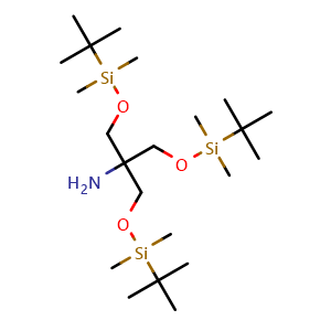 Chemical structure of 6-{[(tert-butyldimethylsilyl)oxy]methyl}-2,2,3,3,9,9,10,10-octamethyl-4,8-dioxa-3,9-disilaundecan-6-amine , CAS 102522-47-4, AChemBlock X181640