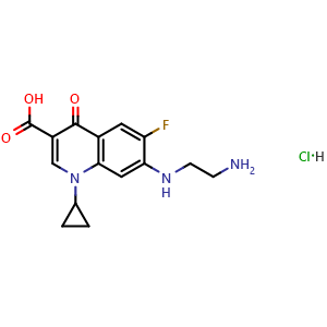 Chemical structure of 7-[(2-amino-ethyl)amino]-1-cyclopropyl-1,4-dihydro-6-fluoro-4-oxo-quinoline-3-carboxylic acid hydrochloride , CAS 528851-31-2, AChemBlock X181641